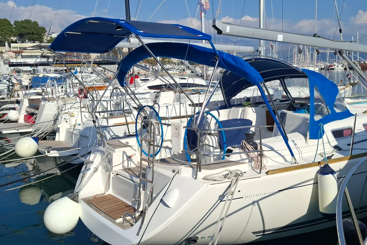 Exterior view of Hauraki, a Dufour 455 Grand Large sailboat at Split, Croatia
