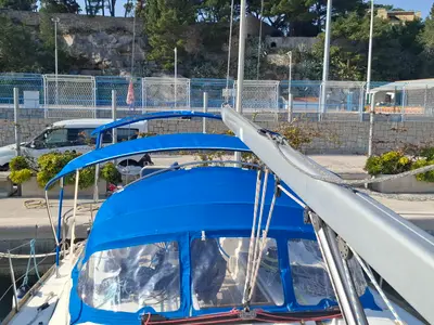 Deck of Hauraki, a Dufour 455 Grand Large sailboat at Split, Croatia