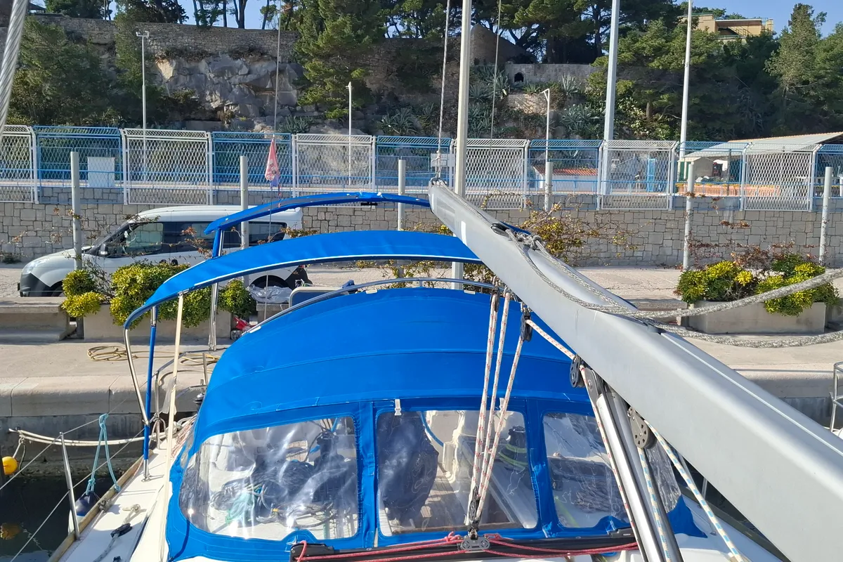 Deck of Hauraki, a Dufour 455 Grand Large sailboat at Split, Croatia
