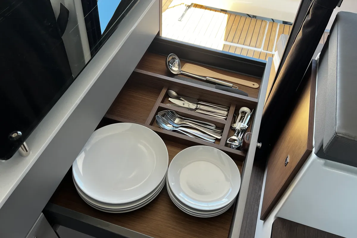 Galley of Ana, a Beneteau Antares 9 OB motorboat at Grad Pula, Croatia