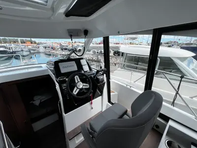 Cockpit of Ana, a Beneteau Antares 9 OB motorboat at Grad Pula, Croatia