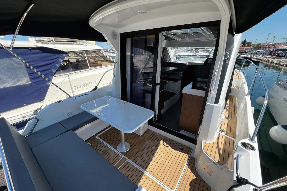 Deck of Ana, a Beneteau Antares 9 OB motorboat at Grad Pula, Croatia