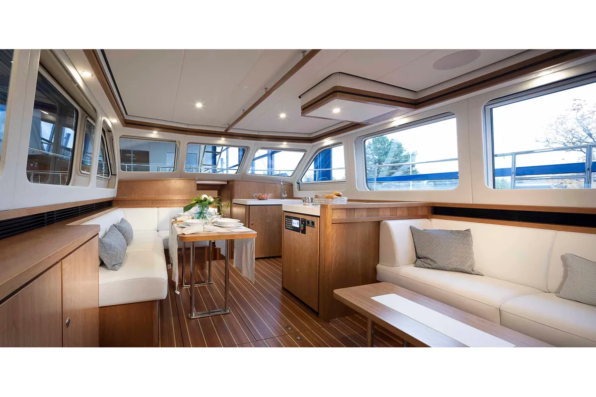 Salon of Bellavista, a Linssen Grand Sturdy 450 Variotop motorboat at Kinrooi, Belgium