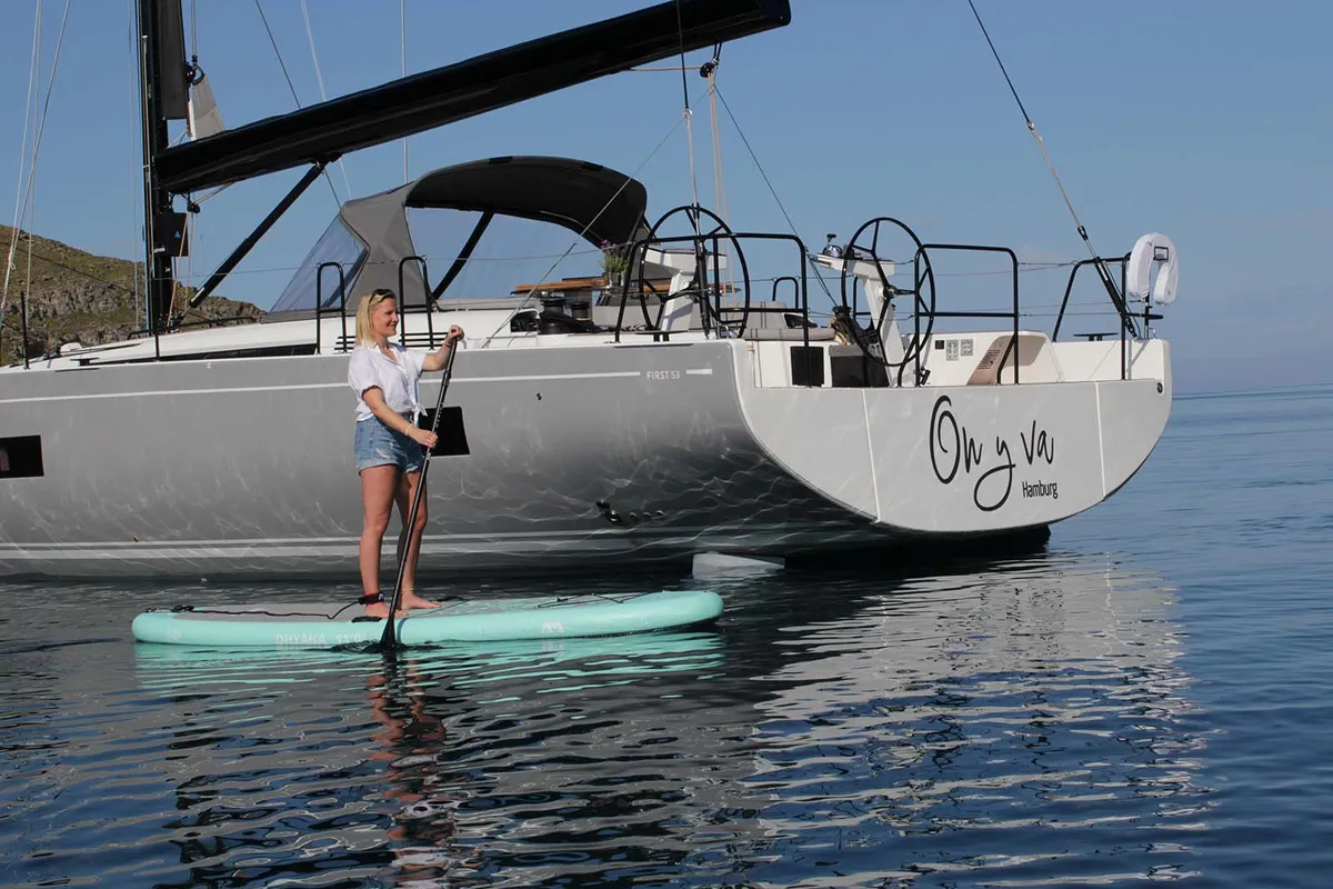 Exterior view of On y va, a Beneteau First 53 sailboat at Lavreotiki, Greece