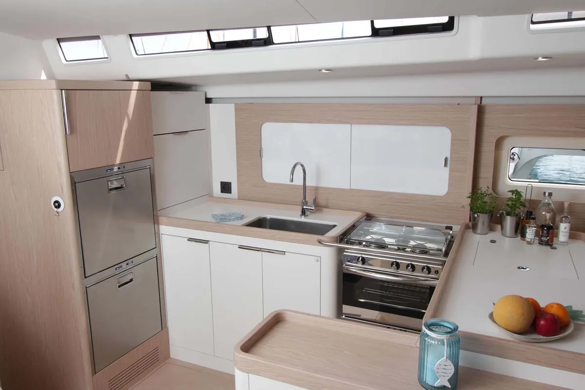 Galley of On y va, a Beneteau First 53 sailboat at Lavreotiki, Greece
