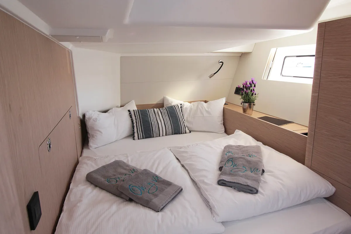 Cabin on On y va, a Beneteau First 53 sailboat at Lavreotiki, Greece