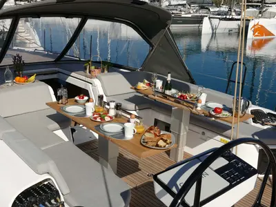 Deck of On y va, a Beneteau First 53 sailboat at Lavreotiki, Greece
