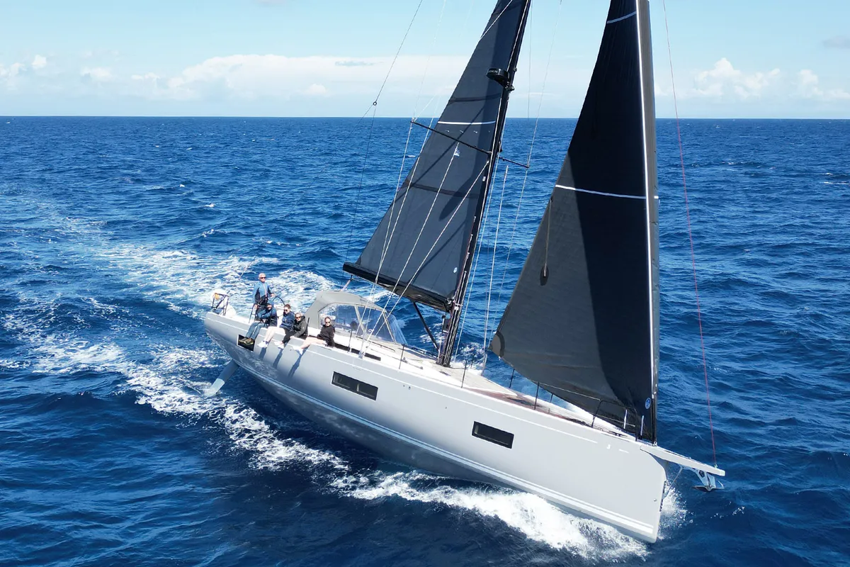Exterior view of On y va, a Beneteau First 53 sailboat at Lavreotiki, Greece
