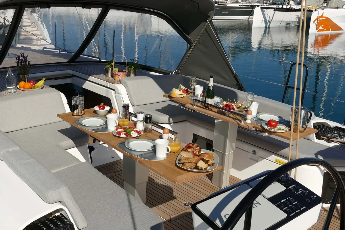 Deck of On y va, a Beneteau First 53 sailboat at Lavreotiki, Greece