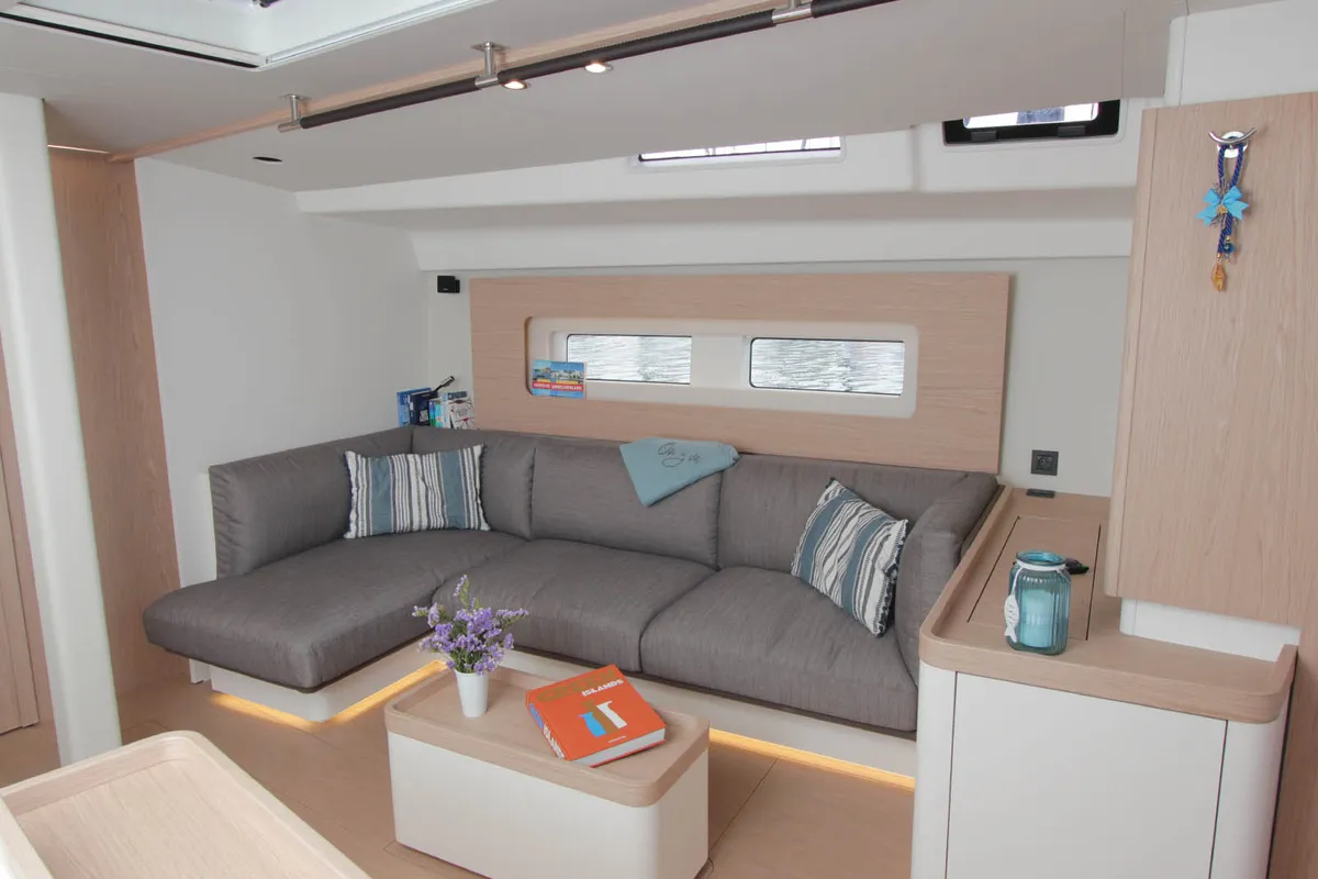 Salon of On y va, a Beneteau First 53 sailboat at Lavreotiki, Greece