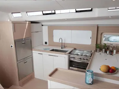 Galley of On y va, a Beneteau First 53 sailboat at Lavreotiki, Greece