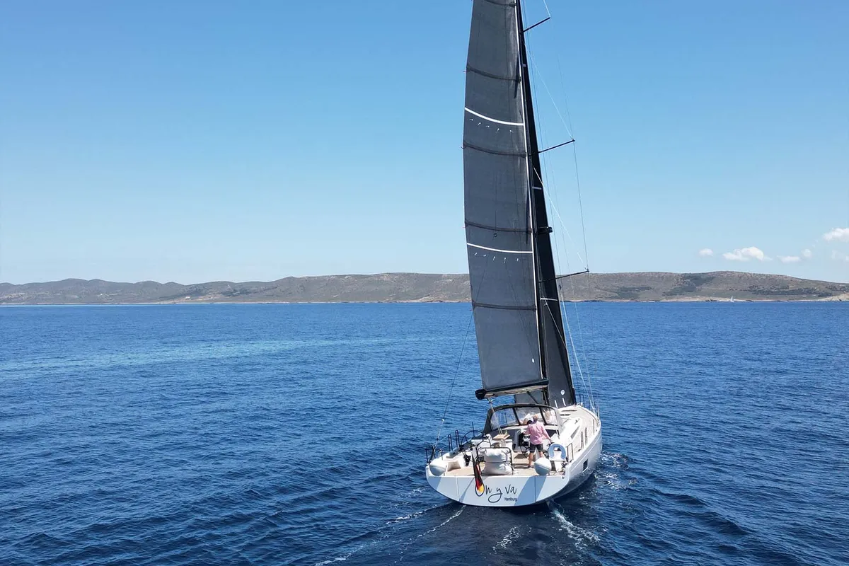 Exterior view of On y va, a Beneteau First 53 sailboat at Lavreotiki, Greece