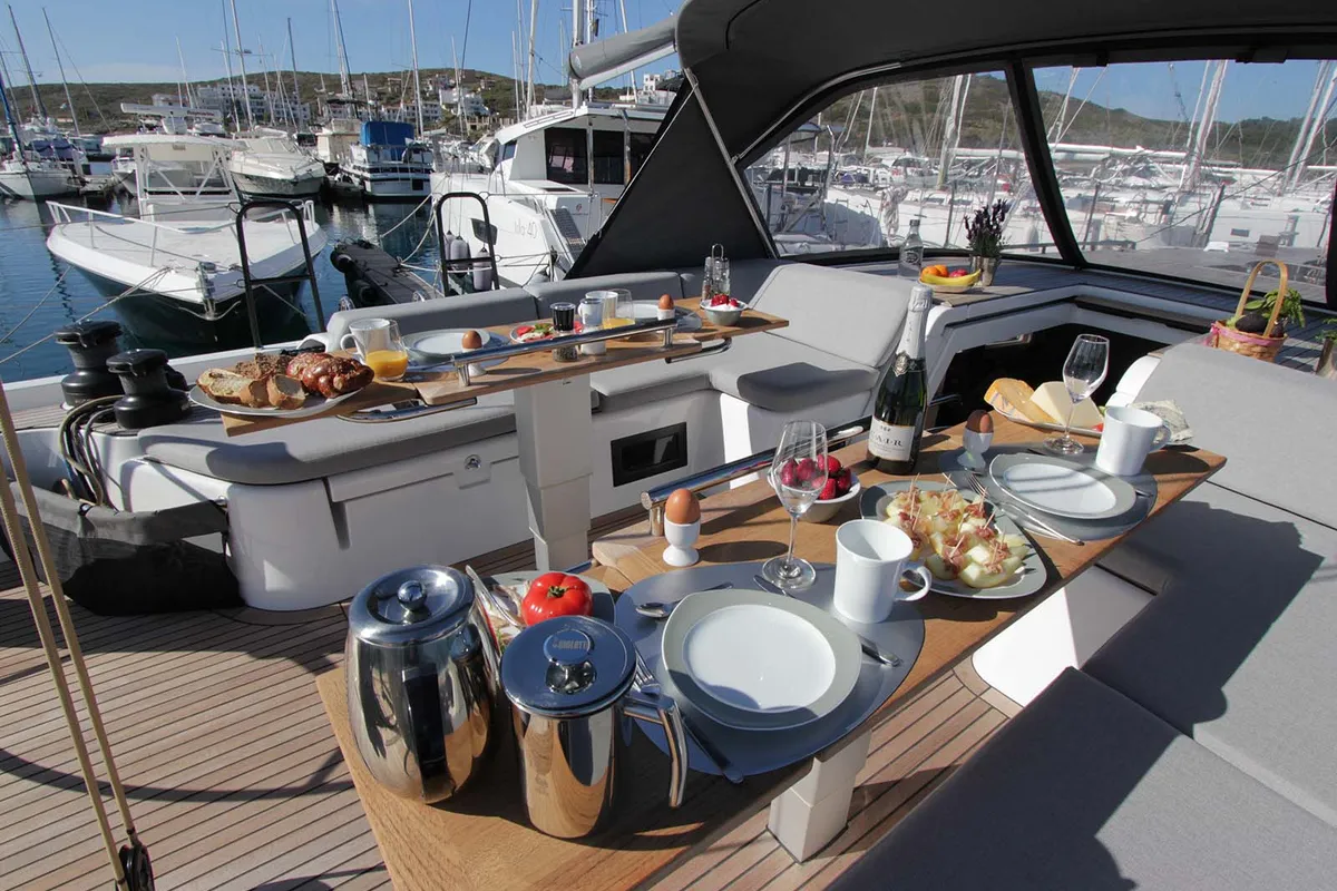 Deck of On y va, a Beneteau First 53 sailboat at Lavreotiki, Greece