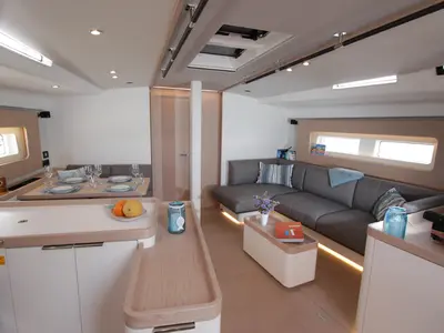 Salon of On y va, a Beneteau First 53 sailboat at Lavreotiki, Greece