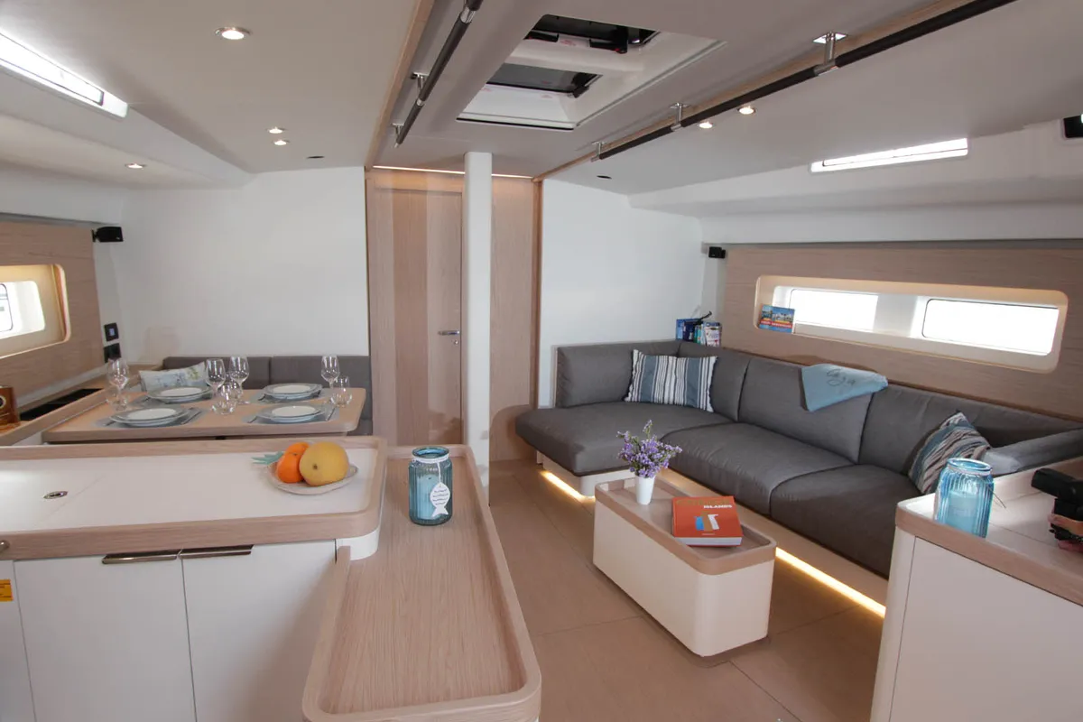 Salon of On y va, a Beneteau First 53 sailboat at Lavreotiki, Greece