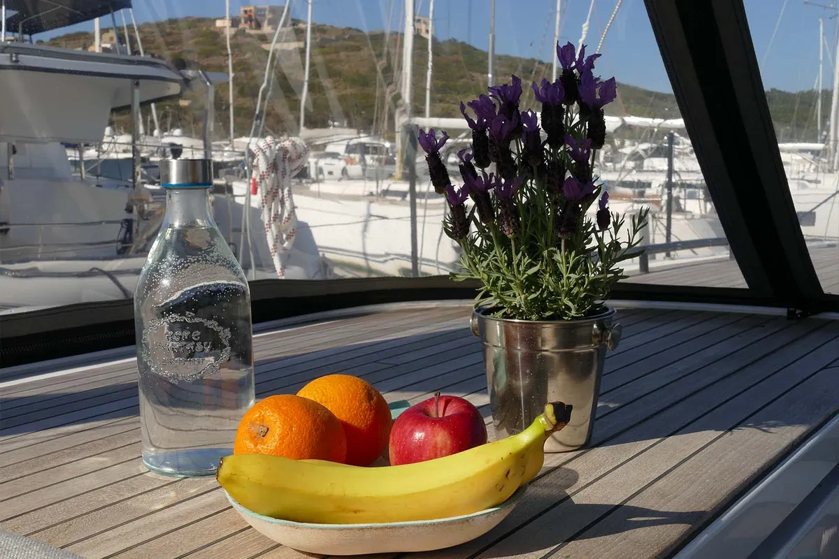 Deck of On y va, a Beneteau First 53 sailboat at Lavreotiki, Greece