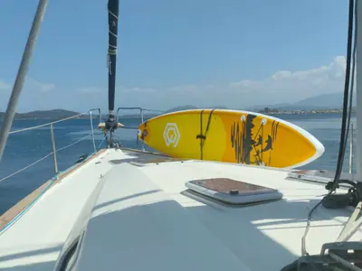 Deck of Skarape, a Bavaria 44 sailboat at Preveza, Greece
