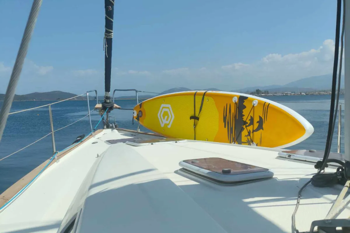 Deck of Skarape, a Bavaria 44 sailboat at Preveza, Greece