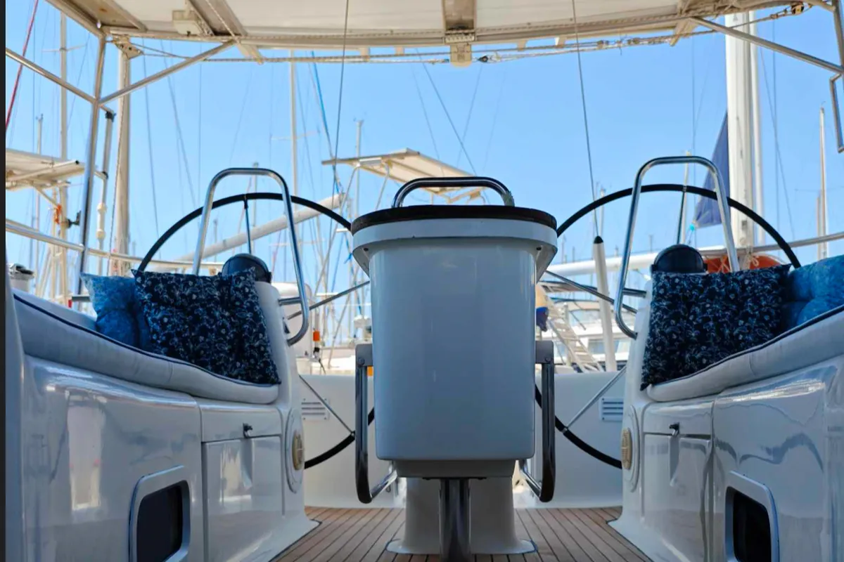 Cockpit of Skarape, a Bavaria 44 sailboat at Preveza, Greece