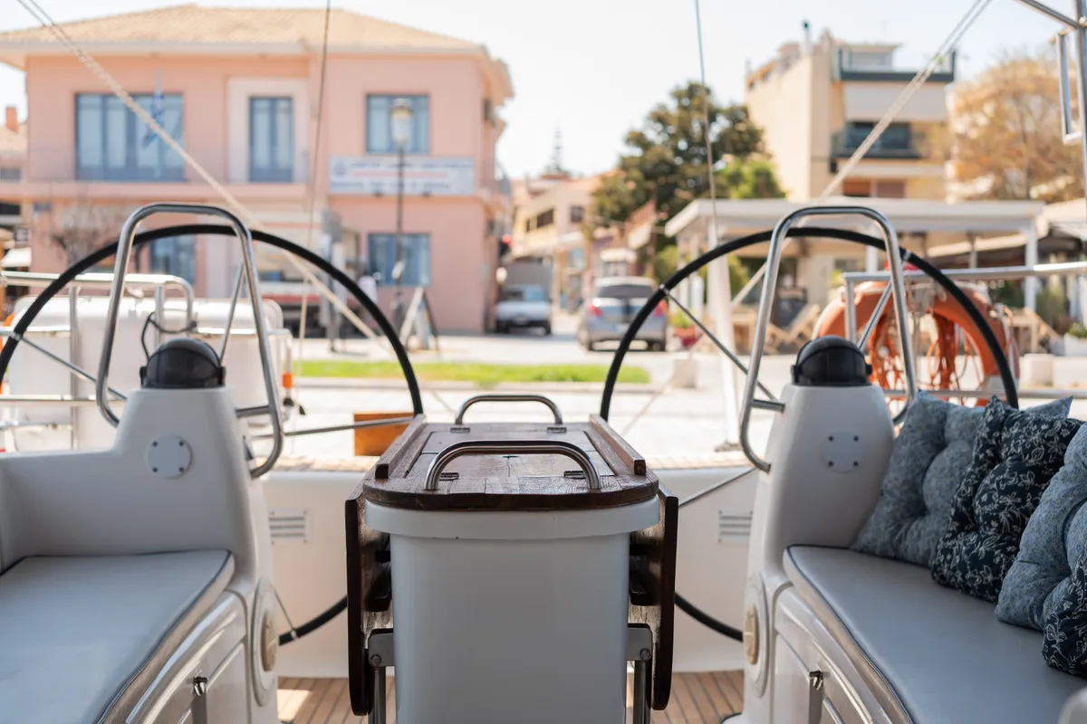 Cockpit of Skarape, a Bavaria 44 sailboat at Preveza, Greece