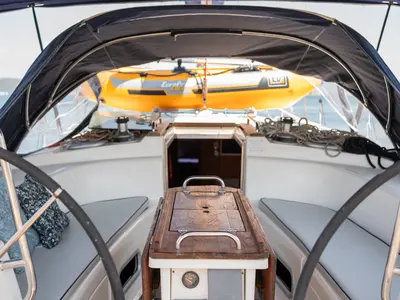 Cockpit of Skarape, a Bavaria 44 sailboat at Preveza, Greece