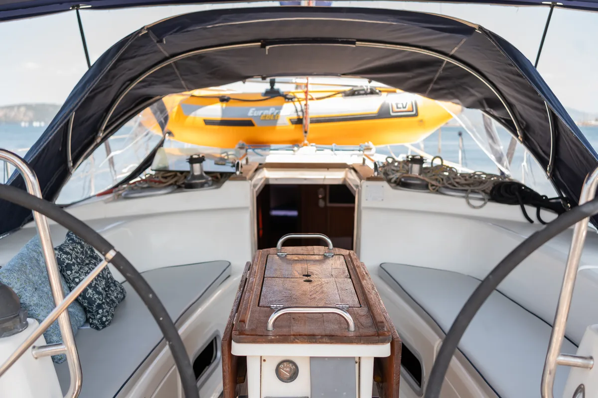 Cockpit of Skarape, a Bavaria 44 sailboat at Preveza, Greece