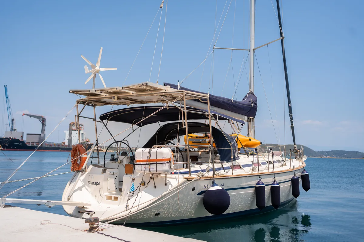 Exterior view of Skarape, a Bavaria 44 sailboat at Preveza, Greece