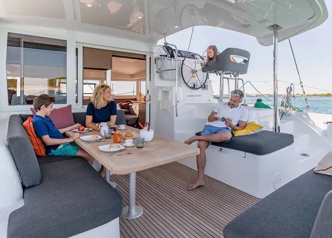 Deck of Sunset, a Lagoon 40 catamaran at Figari/Golfo Aranci, Italy