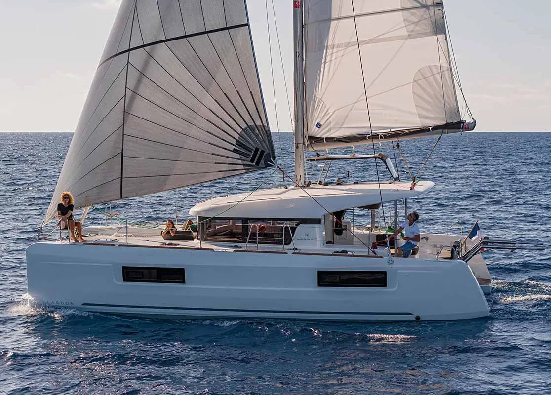 Exterior view of Sunset, a Lagoon 40 catamaran at Figari/Golfo Aranci, Italy