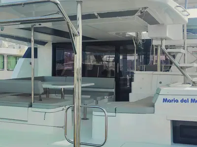 Deck of Maria del Mar, a Leopard 50 catamaran at Procida, Italy