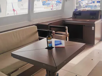 Salon of Maria del Mar, a Leopard 50 catamaran at Procida, Italy