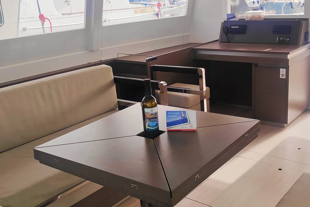 Salon of Maria del Mar, a Leopard 50 catamaran at Procida, Italy