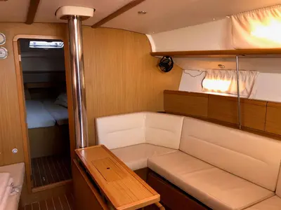 Salon of Waterproof, a Jeanneau Sun Odyssey 42 i sailboat at Lavreotiki Municipal Unit, Greece