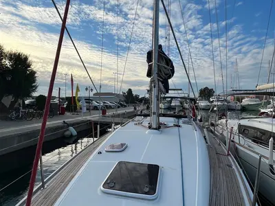 Deck of Waterproof, a Jeanneau Sun Odyssey 42 i sailboat at Lavreotiki Municipal Unit, Greece