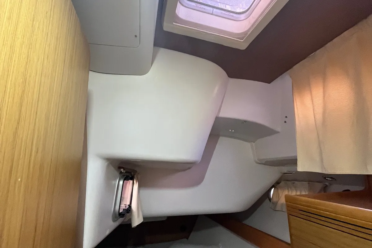 Cabin on Waterproof, a Jeanneau Sun Odyssey 42 i sailboat at Lavreotiki Municipal Unit, Greece