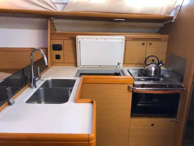 Galley of Waterproof, a Jeanneau Sun Odyssey 42 i sailboat at Lavreotiki Municipal Unit, Greece