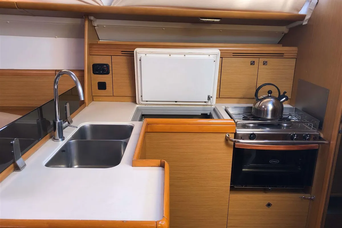 Galley of Waterproof, a Jeanneau Sun Odyssey 42 i sailboat at Lavreotiki Municipal Unit, Greece