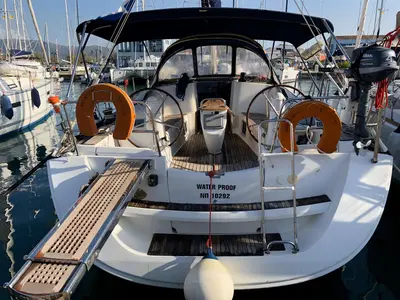 Cockpit of Waterproof, a Jeanneau Sun Odyssey 42 i sailboat at Lavreotiki Municipal Unit, Greece