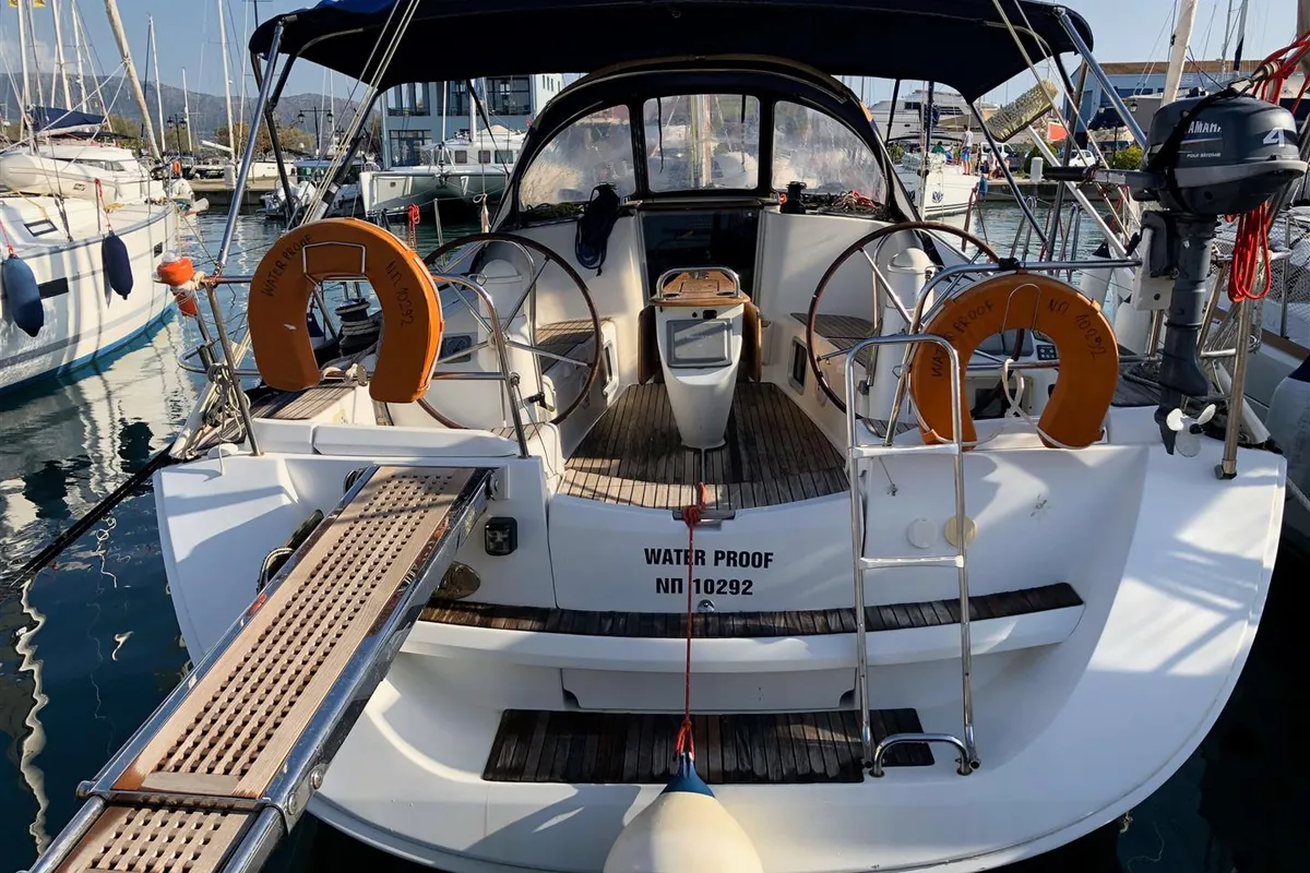 Cockpit of Waterproof, a Jeanneau Sun Odyssey 42 i sailboat at Lavreotiki Municipal Unit, Greece