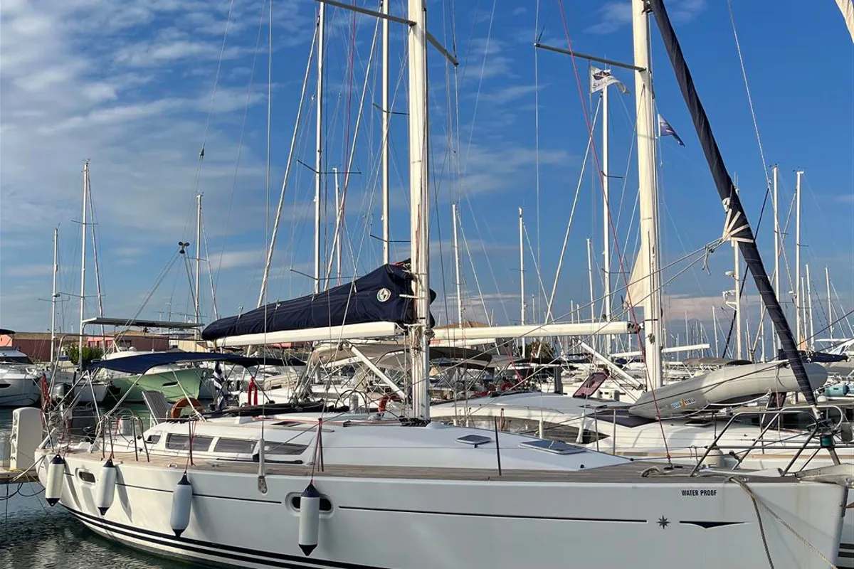 Exterior view of Waterproof, a Jeanneau Sun Odyssey 42 i sailboat at Lavreotiki Municipal Unit, Greece