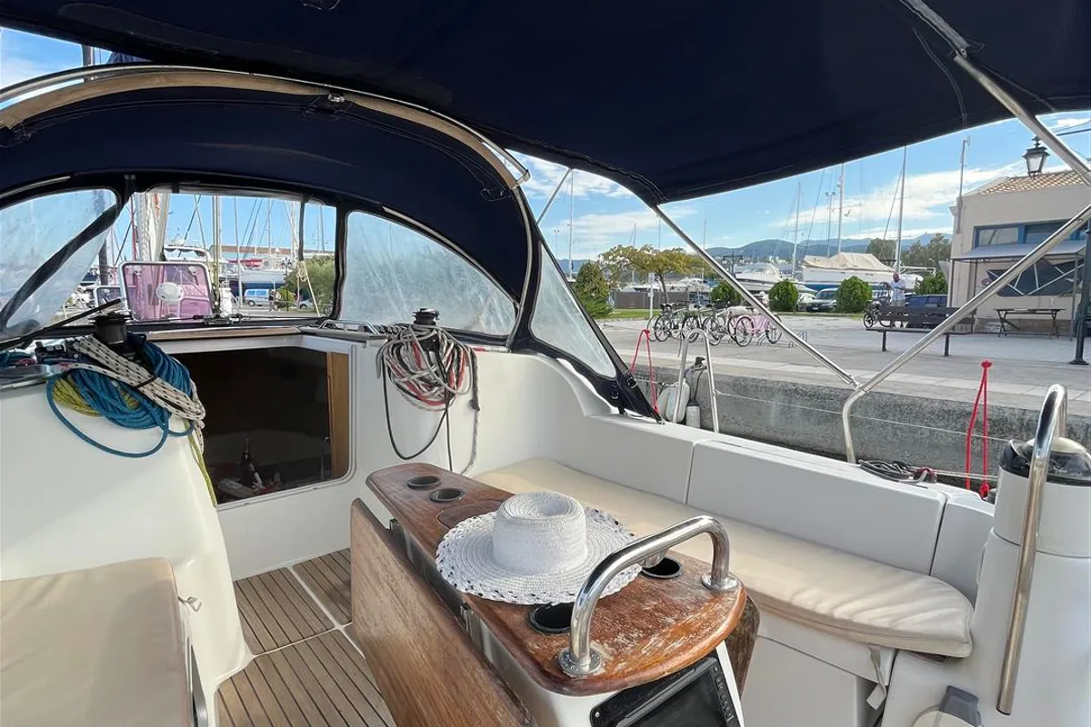Cockpit of Waterproof, a Jeanneau Sun Odyssey 42 i sailboat at Lavreotiki Municipal Unit, Greece