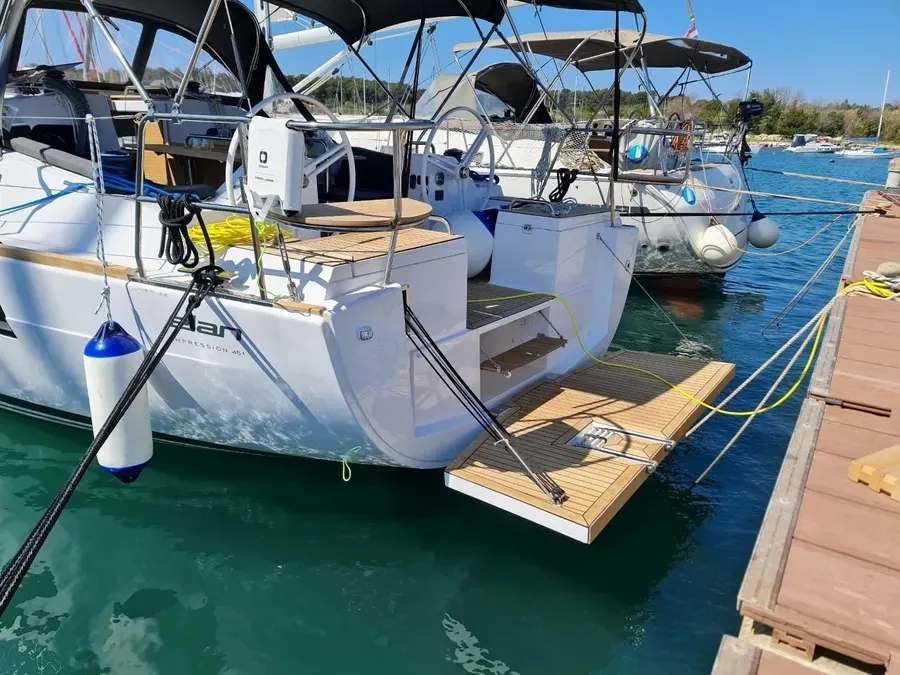 Exterior view of Oxygen, a Elan Impression 45.1 sailboat at Trogir, Croatia