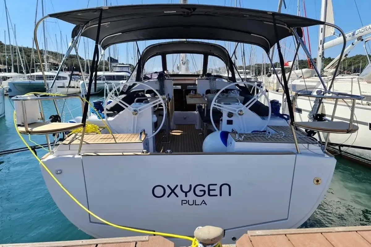 Exterior view of Oxygen, a Elan Impression 45.1 sailboat at Trogir, Croatia