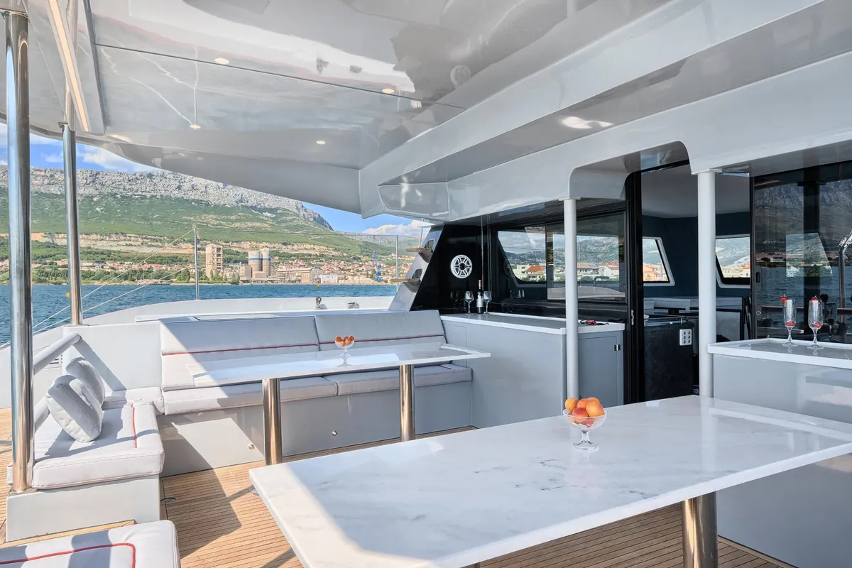 Deck of Luna 49, a catamaran at Split, Croatia