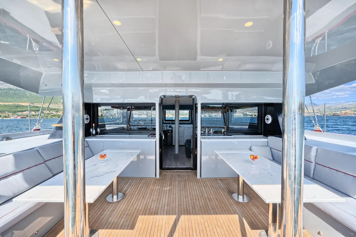 Deck of Luna 49, a catamaran at Split, Croatia