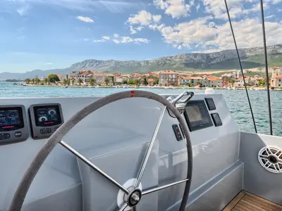 Cockpit of Luna 49, a catamaran at Split, Croatia
