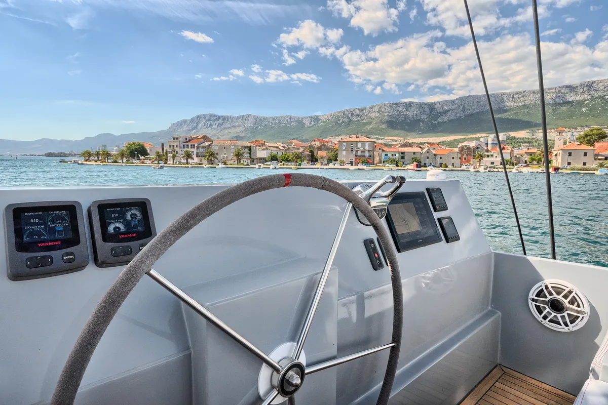 Cockpit of Luna 49, a catamaran at Split, Croatia