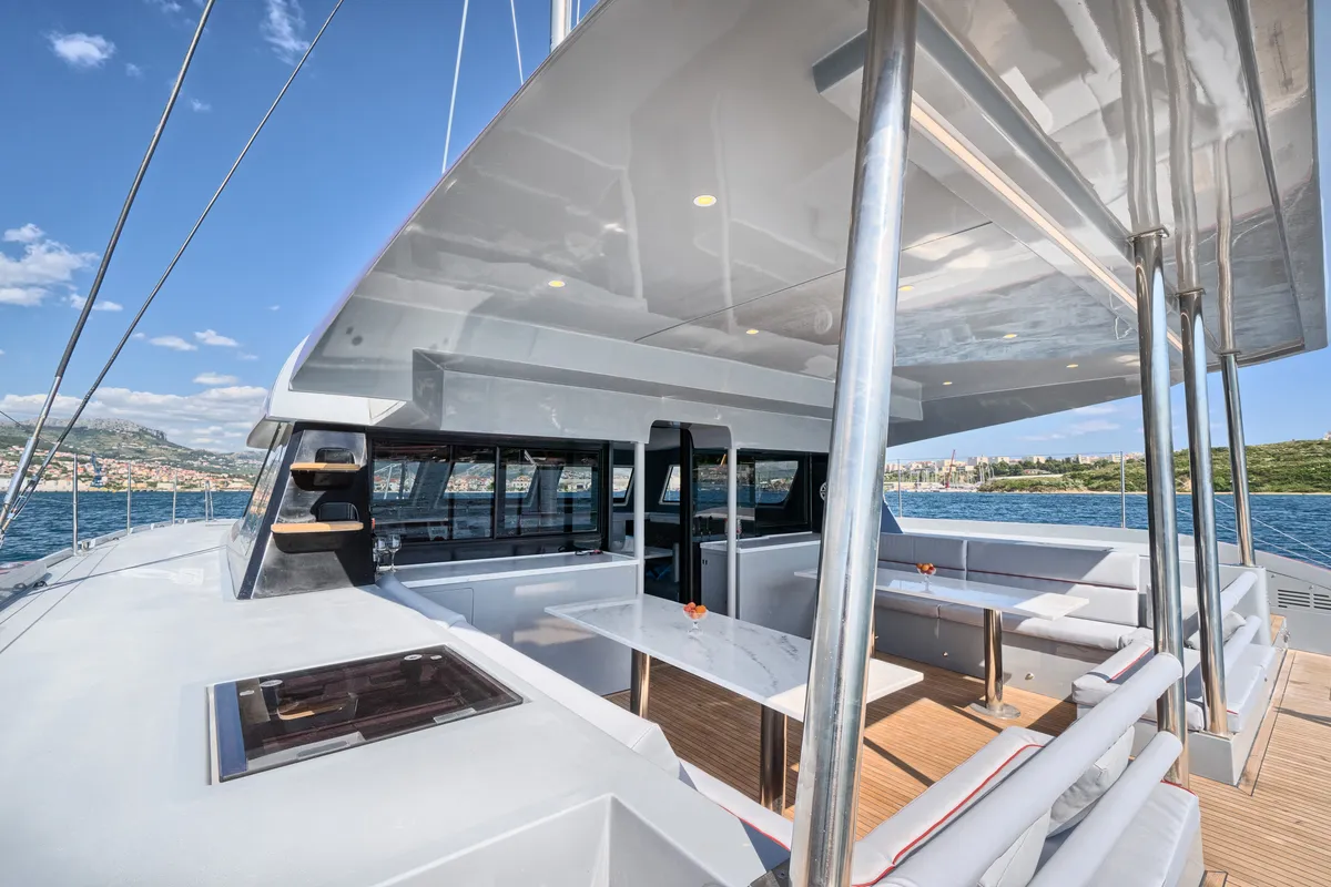 Deck of Luna 49, a catamaran at Split, Croatia