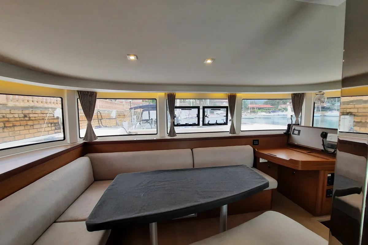Salon of Senza Sosta, a Lagoon 42 catamaran at Tonnarella, Italy