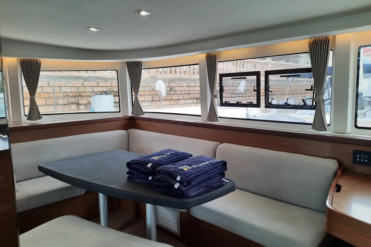Salon of Senza Sosta, a Lagoon 42 catamaran at Tonnarella, Italy